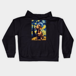 Cute Dachshund Dog Breed Painting in a Van Gogh Starry Night Art Style Kids Hoodie